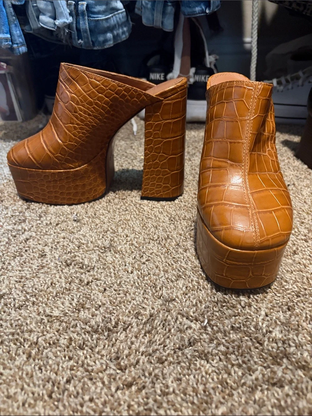 ASOS Tan Croc-Embossed Platform Mule Heels